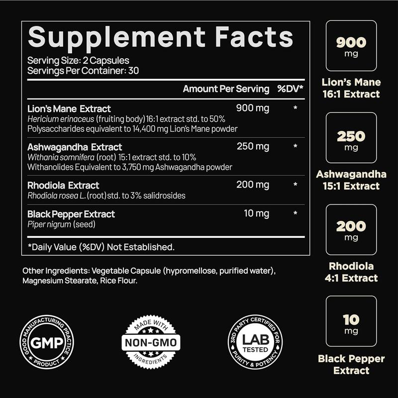 ELMNT 20,000Mg 16X Strength Lions Mane Super Nootropic + Brain Supplement - Lion'S Mane Extract 50% Polysaccharides W. Ashwagandha & Rhodiola